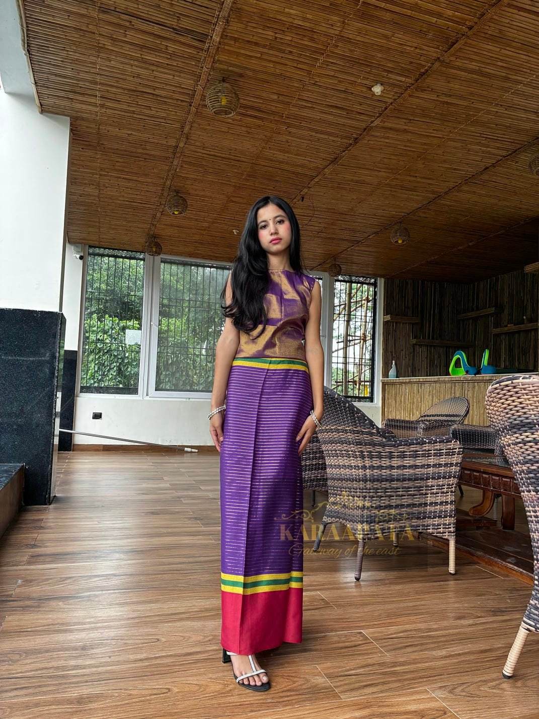 Purple silk with multi-colored stripes gale
